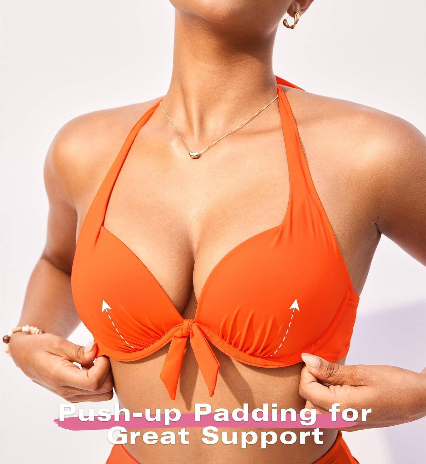 imageDOBREVA Womens Underwire Push Up Bikini Top Halter Bathing Suit Tops Sexy Supportive Swimsuits Bra SizesHoney Orange