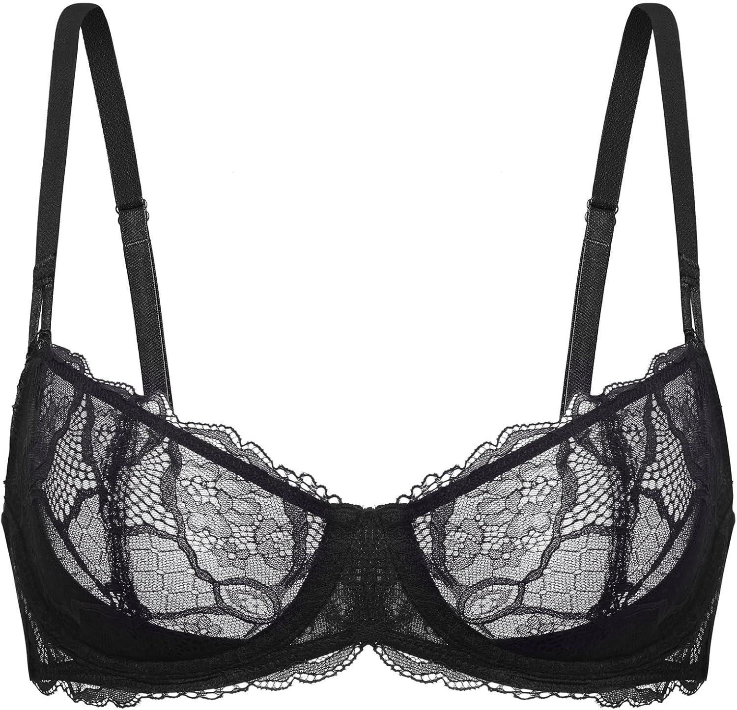 imageDOBREVA Womens Unlined Balconette Bra Sexy Lace Sheer Underwire Large Breasts Demi CupBlack