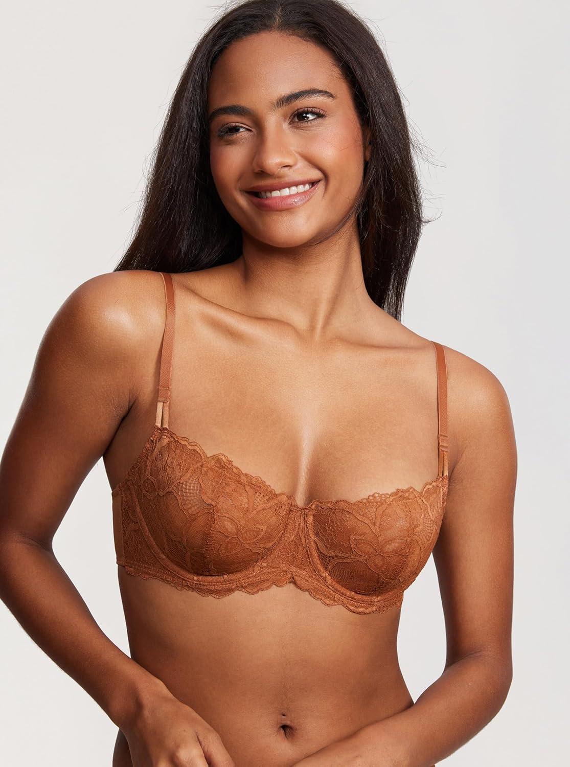 imageDOBREVA Womens Unlined Balconette Bra Sexy Lace Sheer Underwire Large Breasts Demi CupBronze Beige