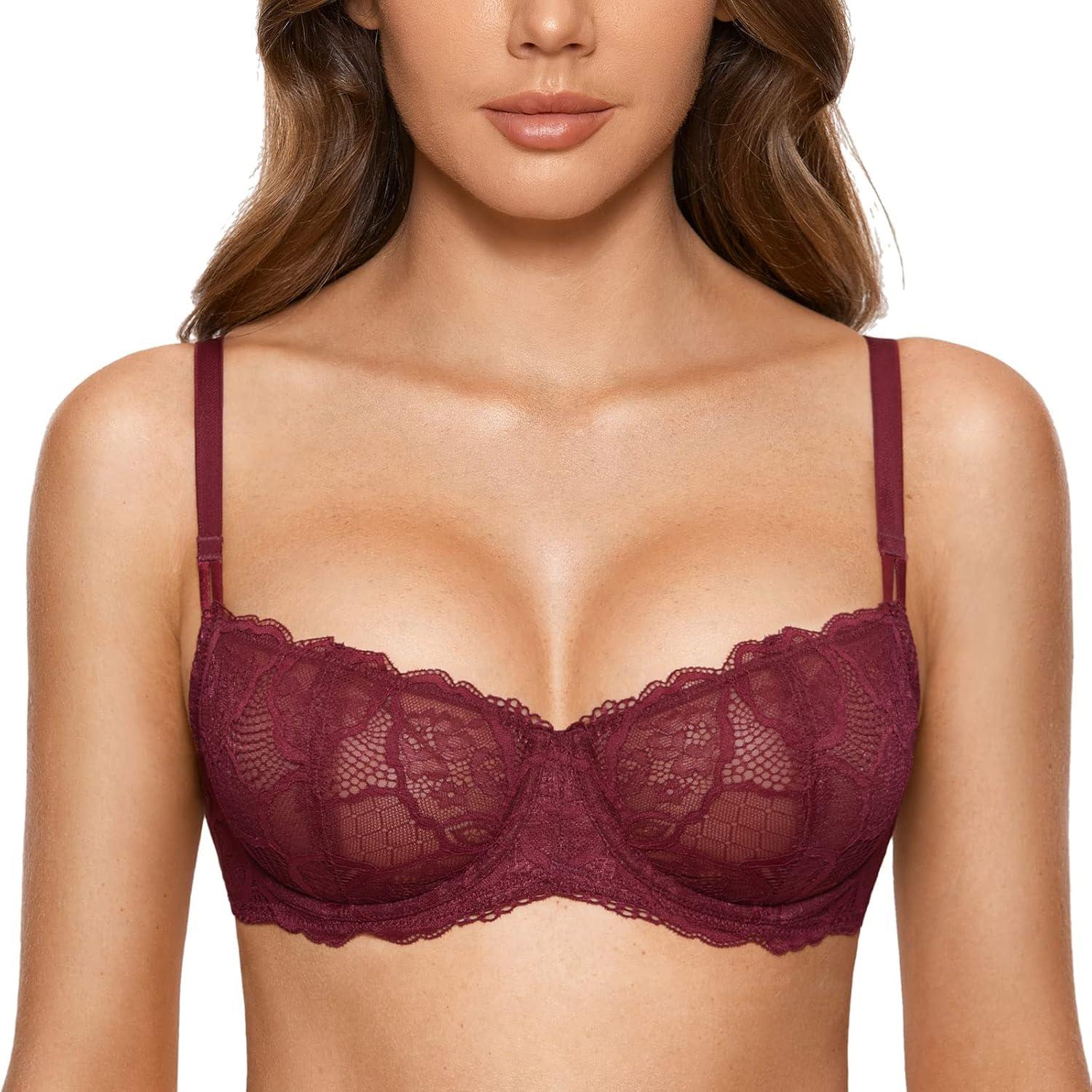imageDOBREVA Womens Unlined Balconette Bra Sexy Lace Sheer Underwire Large Breasts Demi CupDark Red