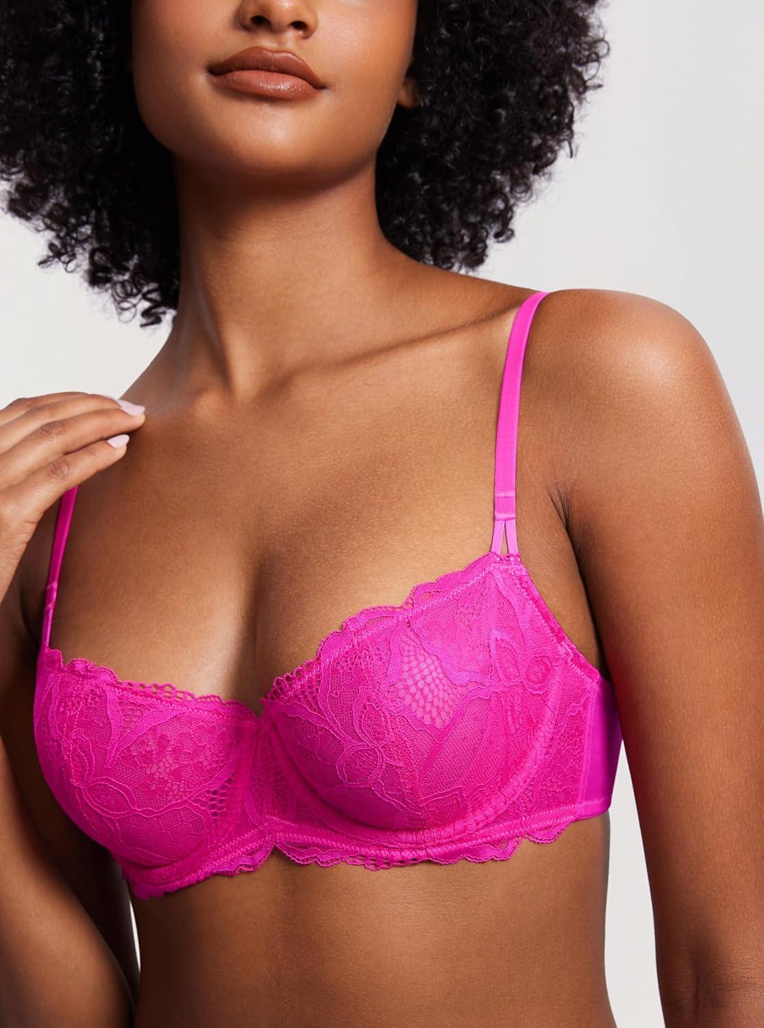 imageDOBREVA Womens Unlined Balconette Bra Sexy Lace Sheer Underwire Large Breasts Demi CupGlitter Pink