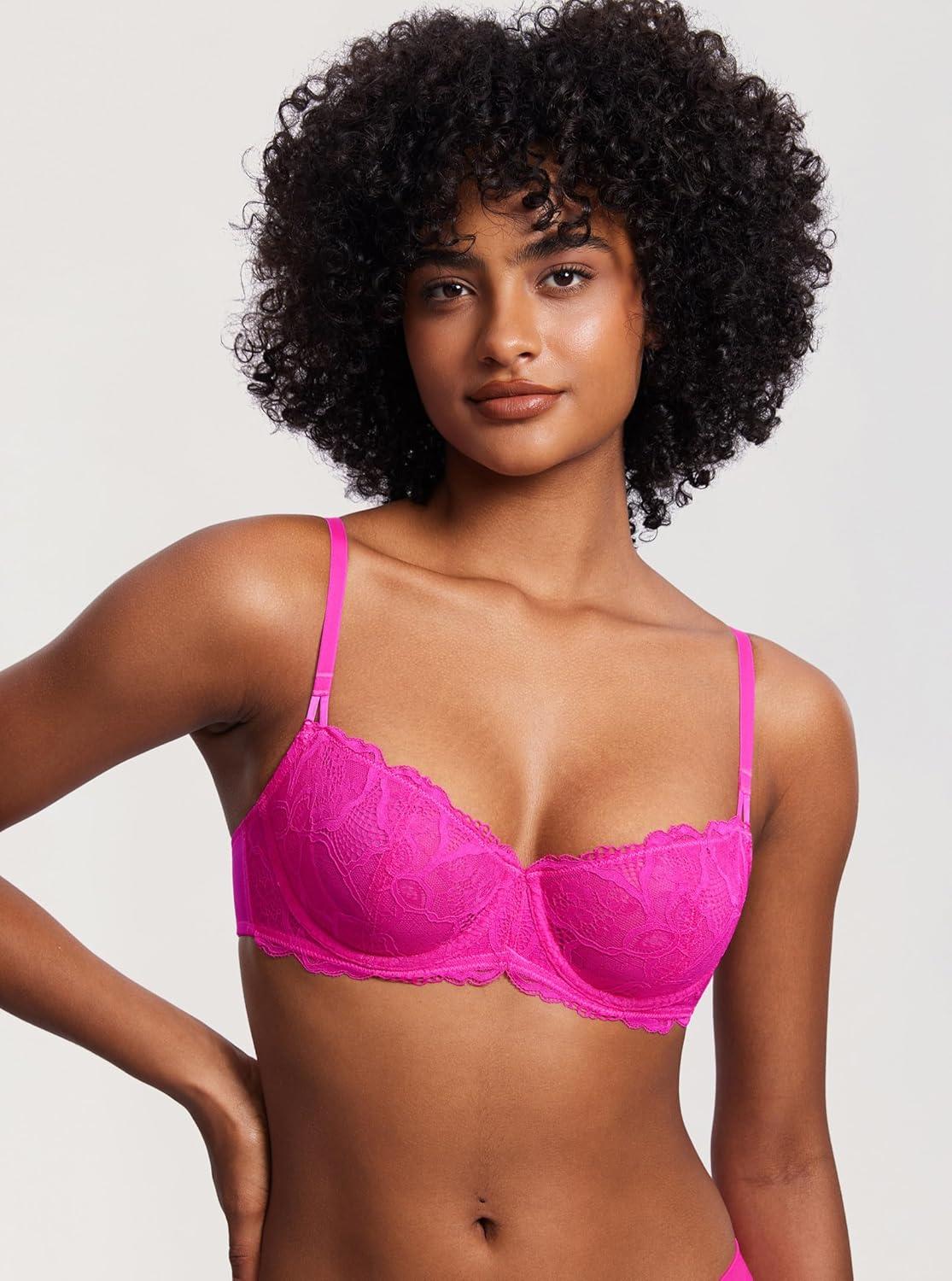 imageDOBREVA Womens Unlined Balconette Bra Sexy Lace Sheer Underwire Large Breasts Demi CupGlitter Pink