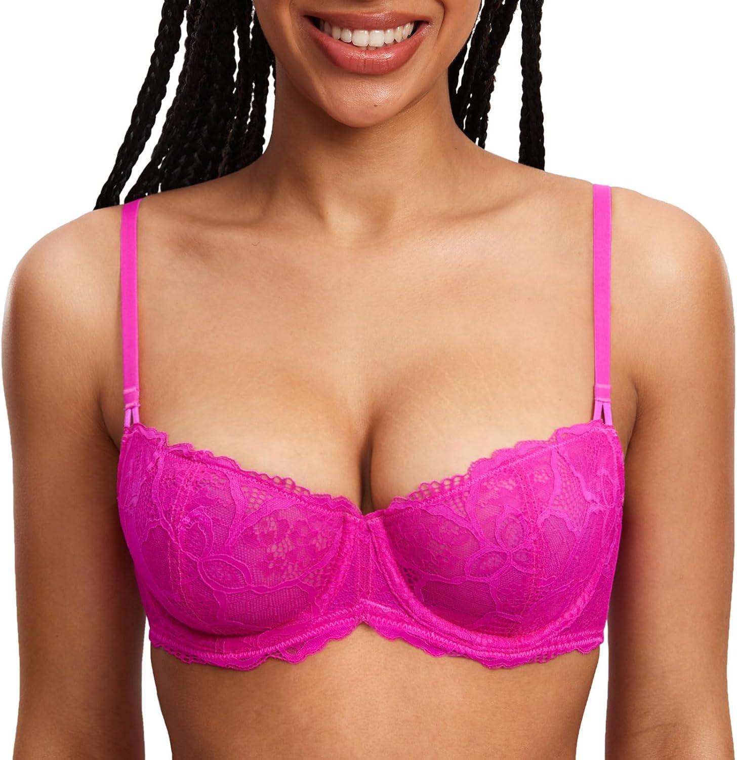 imageDOBREVA Womens Unlined Balconette Bra Sexy Lace Sheer Underwire Large Breasts Demi CupGlitter Pink