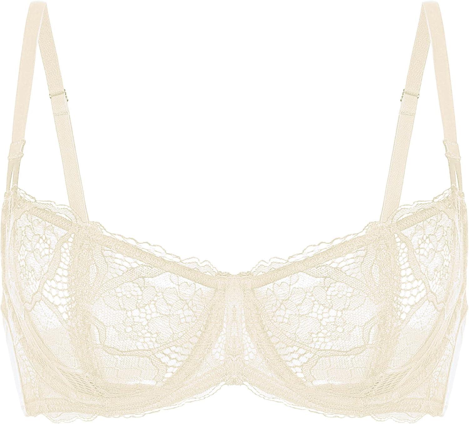 imageDOBREVA Womens Unlined Balconette Bra Sexy Lace Sheer Underwire Large Breasts Demi CupParchment