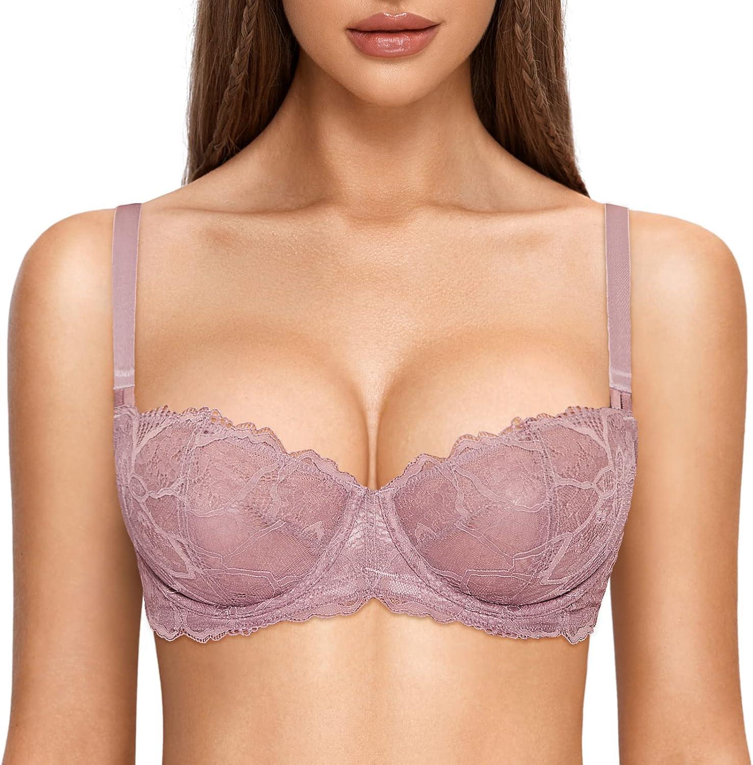 imageDOBREVA Womens Unlined Balconette Bra Sexy Lace Sheer Underwire Large Breasts Demi CupRose Brown