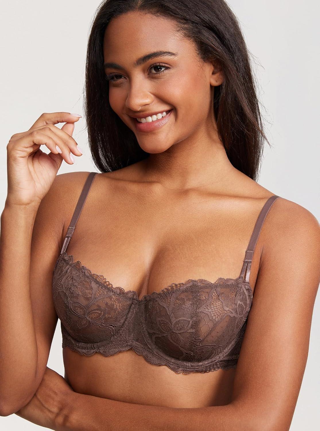 imageDOBREVA Womens Unlined Balconette Bra Sexy Lace Sheer Underwire Large Breasts Demi CupToasted Brown