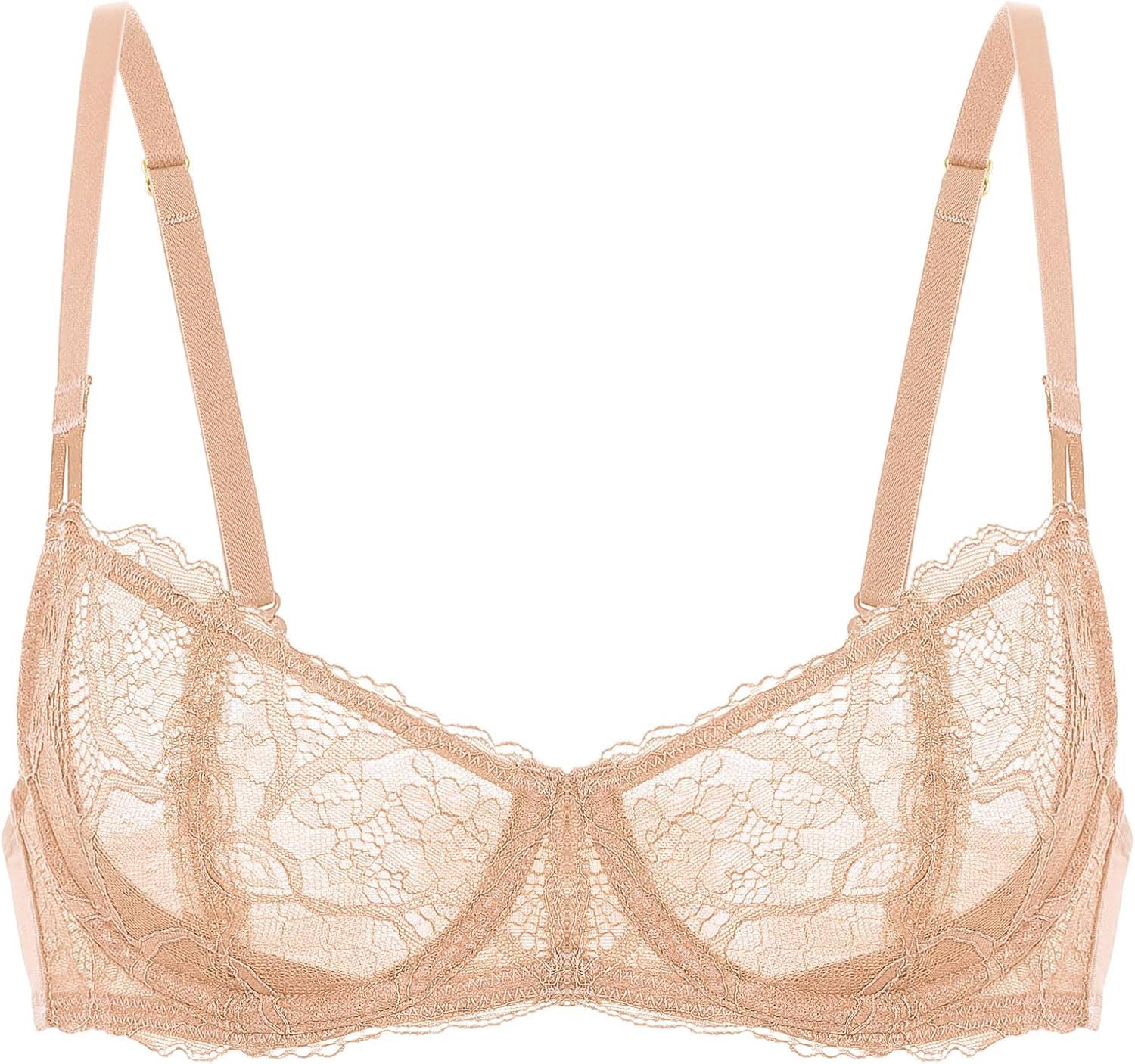 imageDOBREVA Womens Unlined Balconette Bra Sexy Lace Sheer Underwire Large Breasts Demi CupWarm Beige