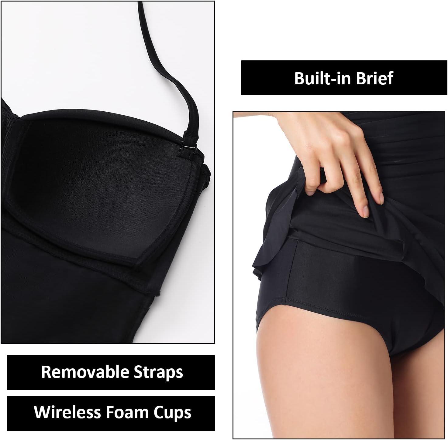 imageDOBREVA Womens Vintage One Piece Strapless Bathing Suit Tummy Control Skirt Retro Swimsuit SwimdressBlack