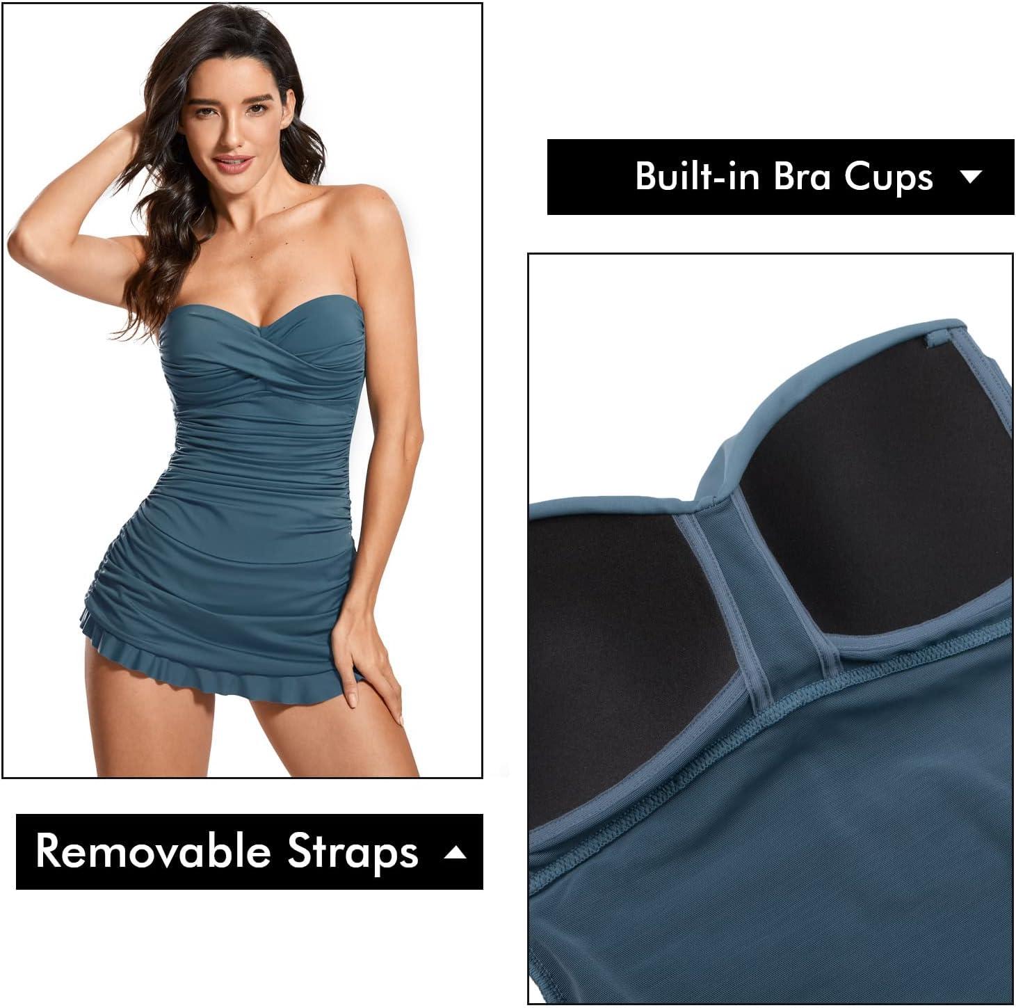 imageDOBREVA Womens Vintage One Piece Strapless Bathing Suit Tummy Control Skirt Retro Swimsuit SwimdressPetrol Blue