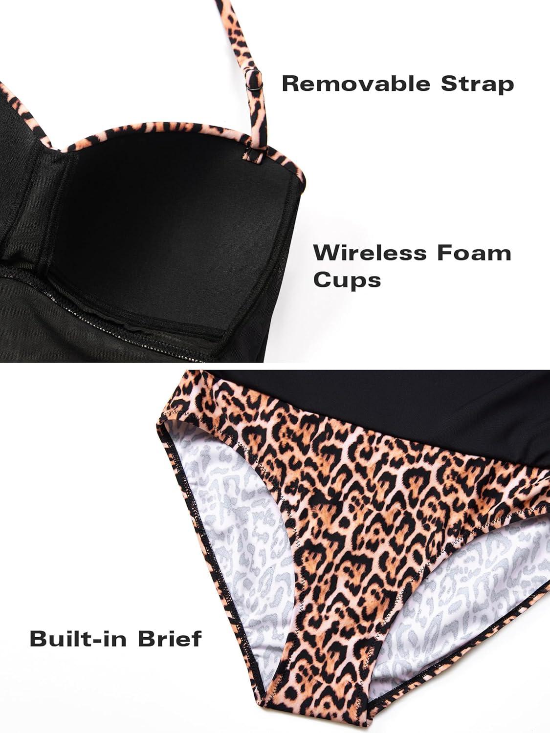 imageDOBREVA Womens Vintage One Piece Strapless Bathing Suit Tummy Control Skirt Retro Swimsuit SwimdressWild Leopard