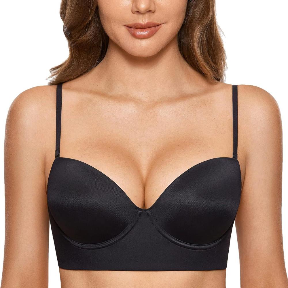 imageDOBREVA Womens Backless Bra Low Back Halter Lightly Padded T Shirt Bras Underwire Full CoverageBlack