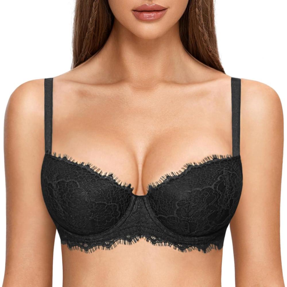 imageDOBREVA Womens Balconette Bra Lace Lightly Padded Demi Full Coverage Plus Size Bras Underwire SupportBlack