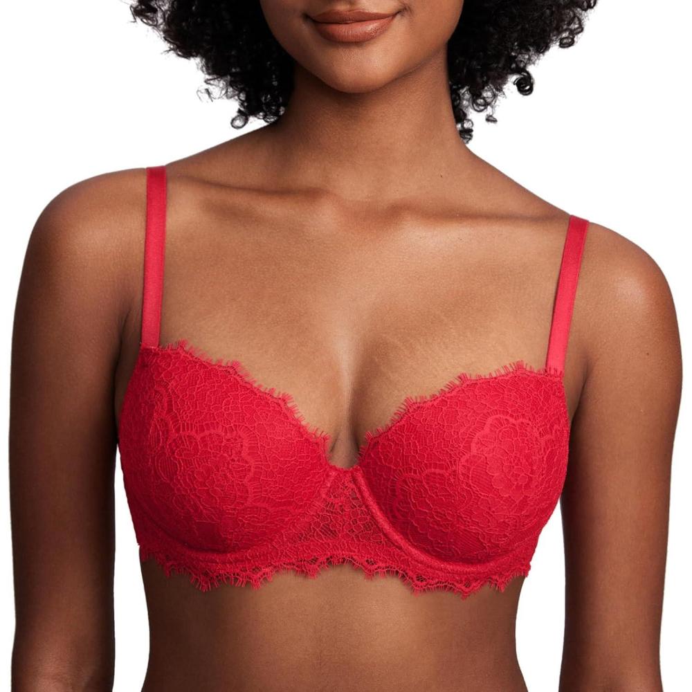 imageDOBREVA Womens Balconette Bra Lace Lightly Padded Demi Full Coverage Plus Size Bras Underwire SupportLipstick Red