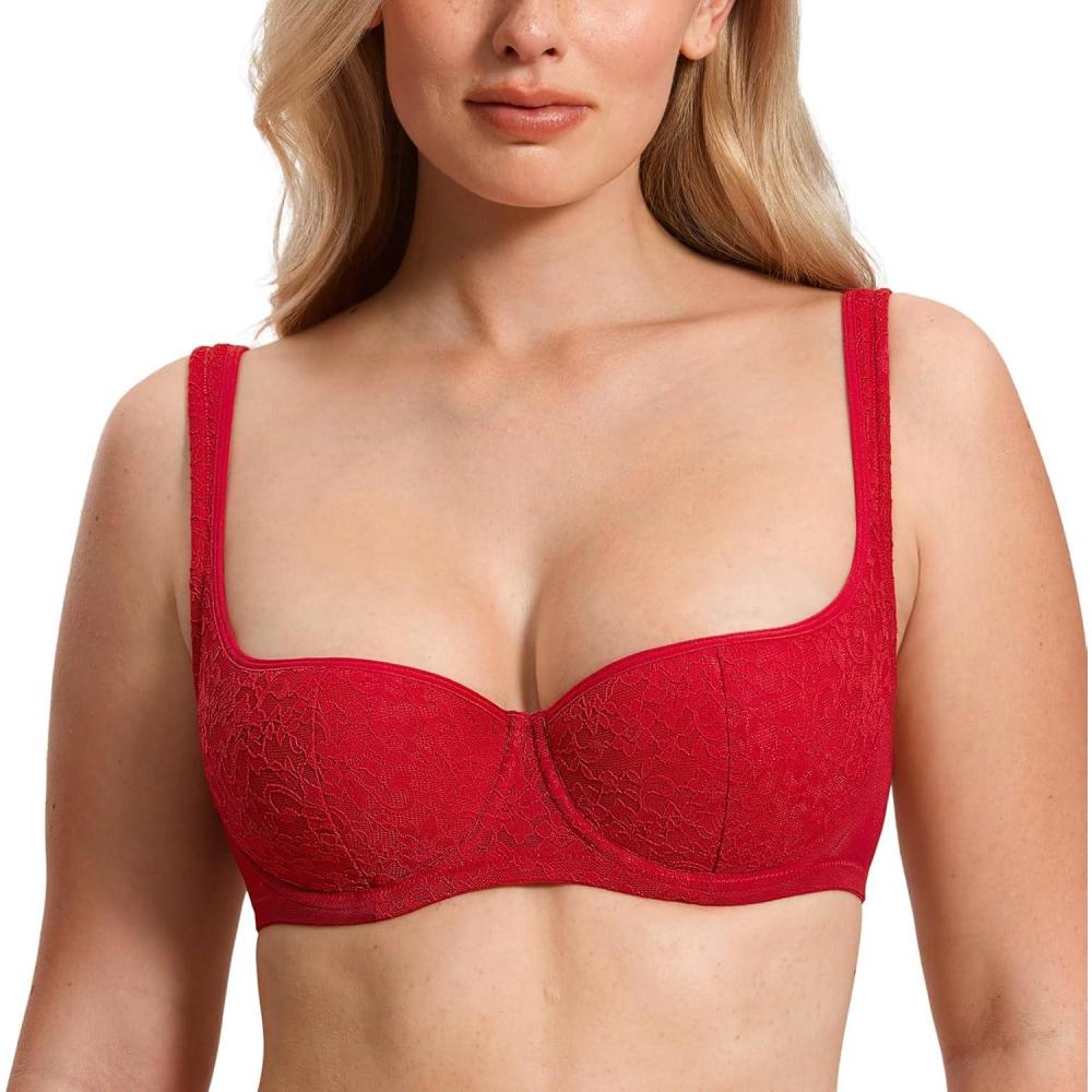 imageDOBREVA Womens Balconette Bra Sexy Lace Demi Underwire Shelf Plus Size Lightly Padded Wide StrapsLipstick Red