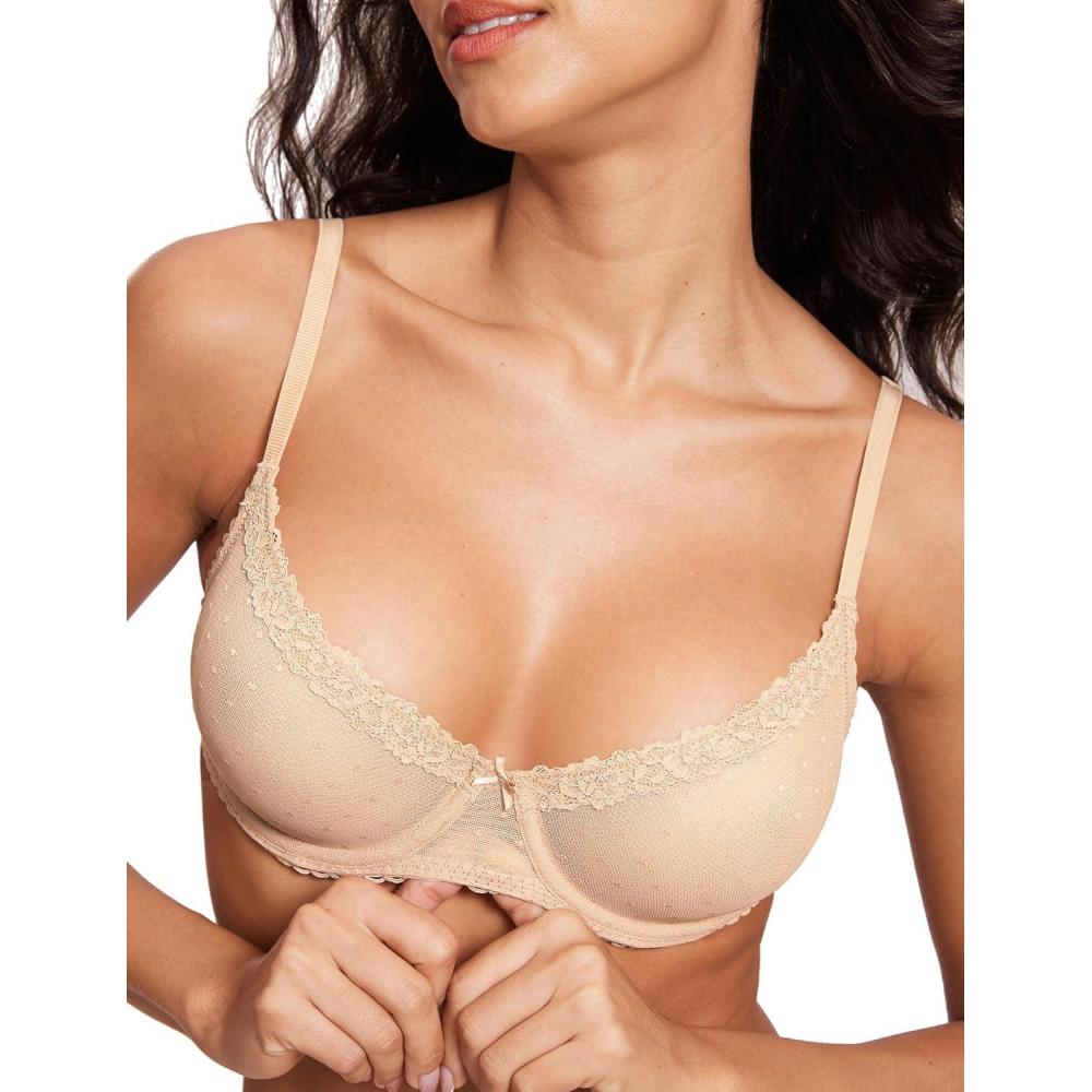 imageDOBREVA Womens Balconette Lace Bra See Through Demi Sheer Mesh Plus Size UnderwireBeige