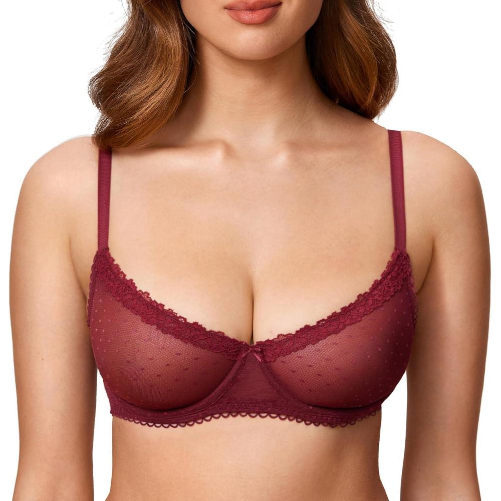 imageDOBREVA Womens Balconette Lace Bra See Through Demi Sheer Mesh Plus Size UnderwireDark Red