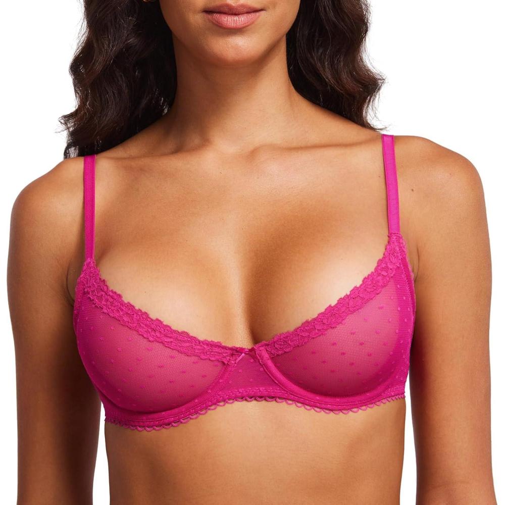 imageDOBREVA Womens Balconette Lace Bra See Through Demi Sheer Mesh Plus Size UnderwireGranita Pink