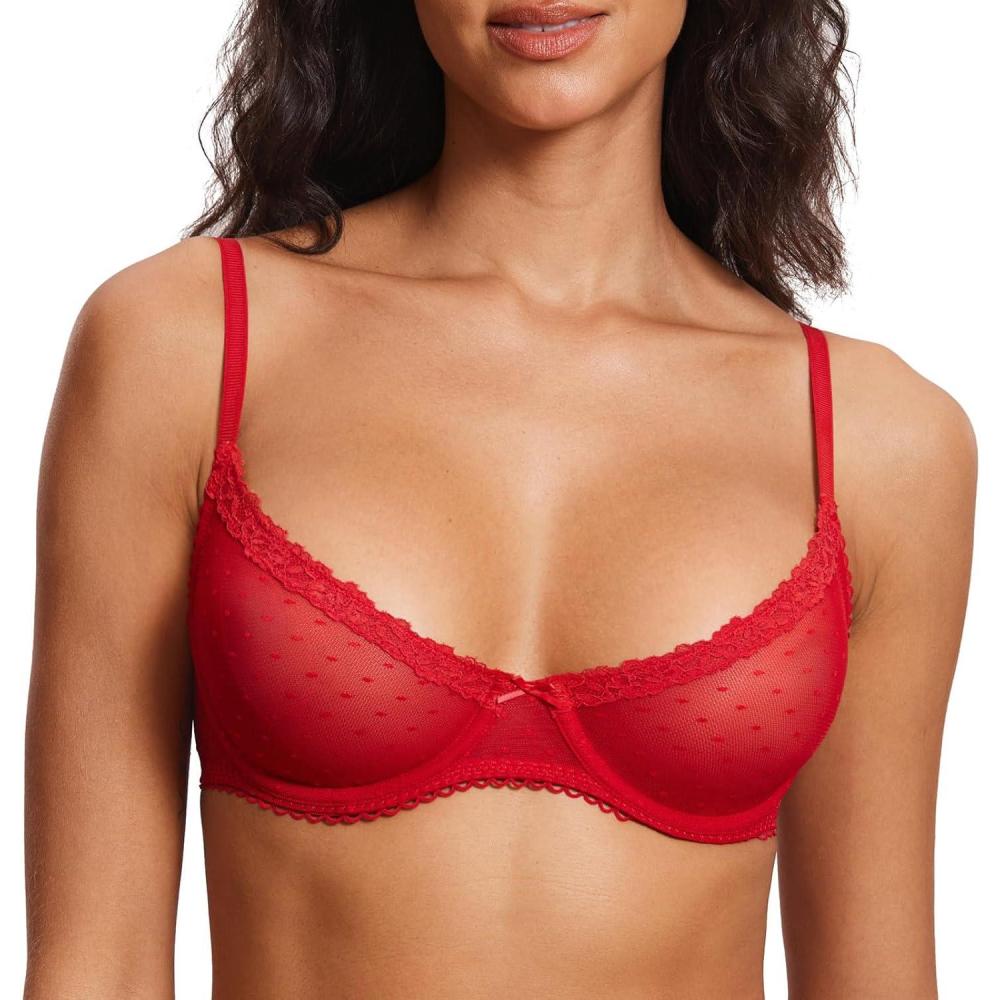 imageDOBREVA Womens Balconette Lace Bra See Through Demi Sheer Mesh Plus Size UnderwireLipstick Red