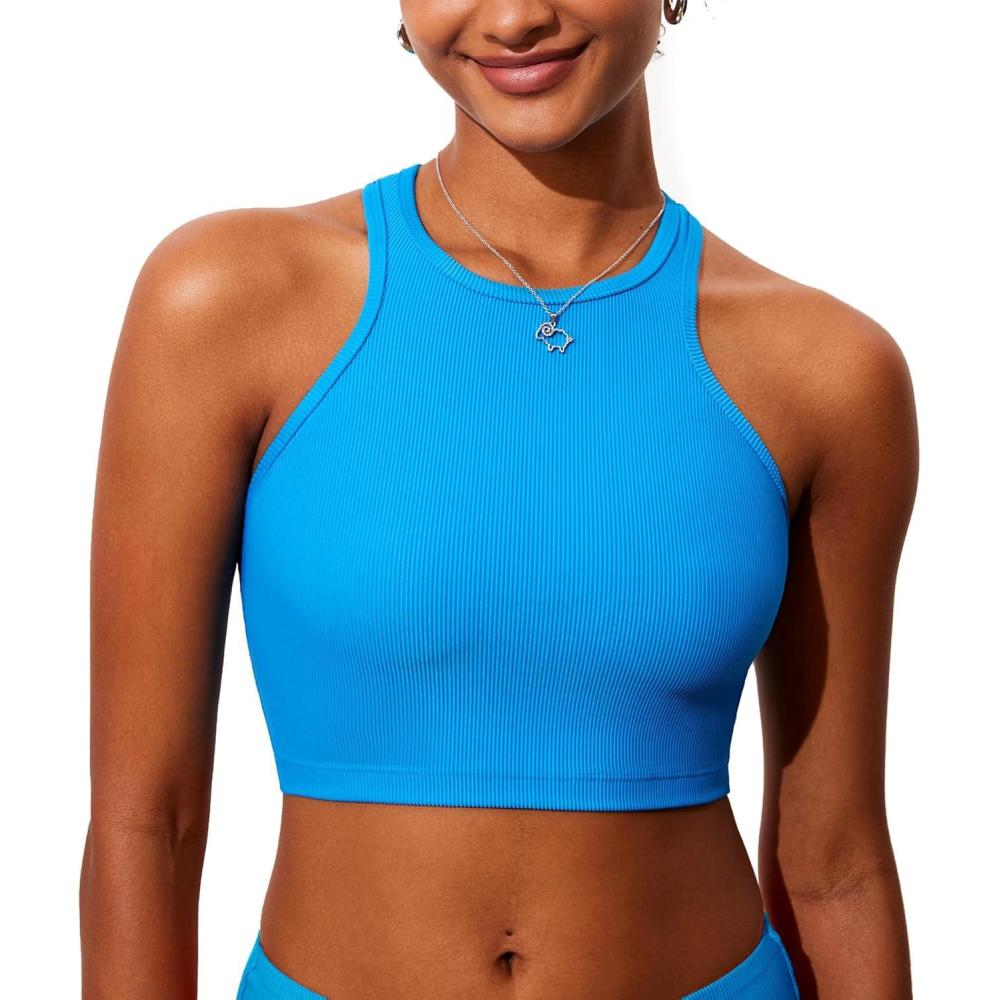 imageDOBREVA Womens Bikini Top High Neck Swimsuit Racerback Ribbed Bathing Suit Crop Tops Sexy SwimwearMadagascar Blue