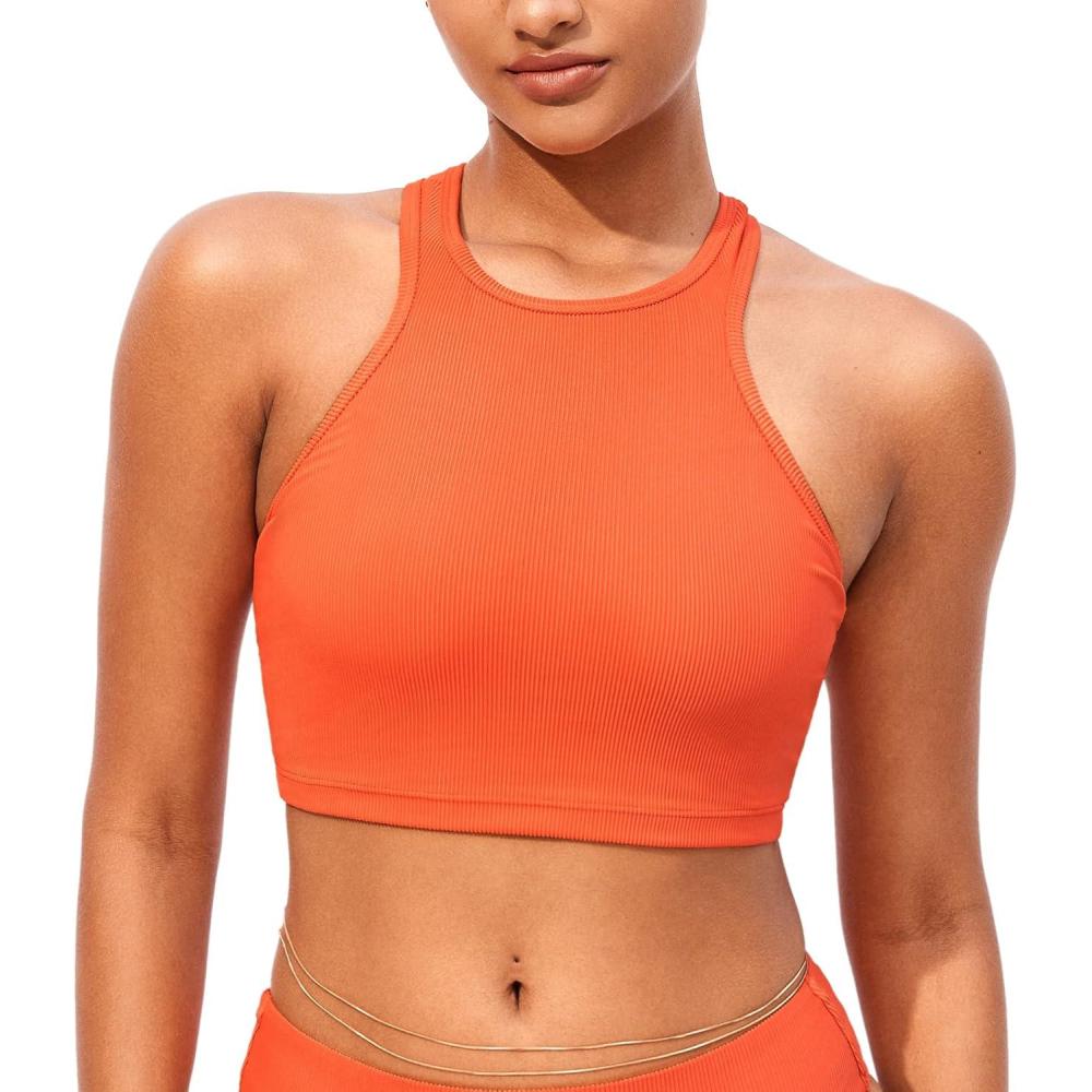 imageDOBREVA Womens Bikini Top High Neck Swimsuit Racerback Ribbed Bathing Suit Crop Tops Sexy SwimwearSunstone