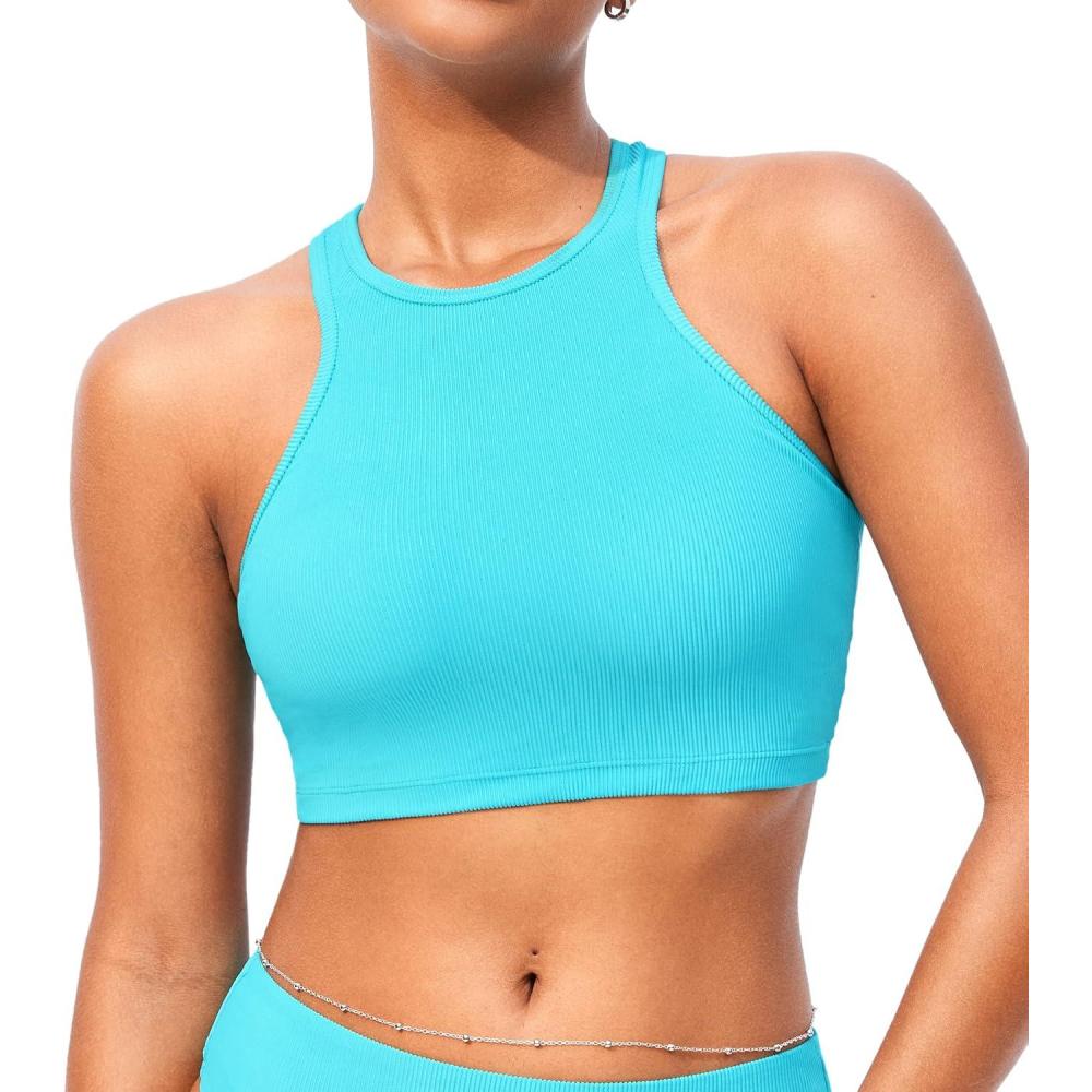imageDOBREVA Womens Bikini Top High Neck Swimsuit Racerback Ribbed Bathing Suit Crop Tops Sexy SwimwearTurquoise