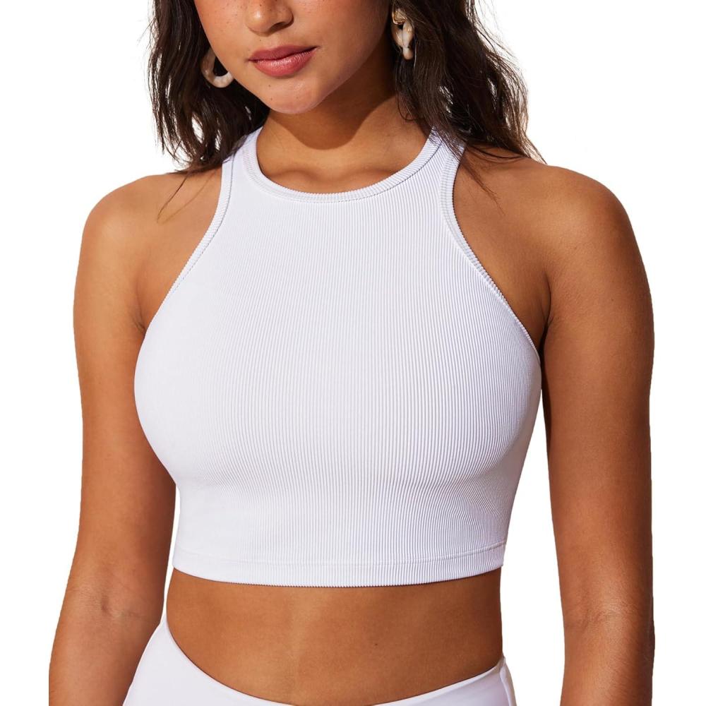 imageDOBREVA Womens Bikini Top High Neck Swimsuit Racerback Ribbed Bathing Suit Crop Tops Sexy SwimwearWhite