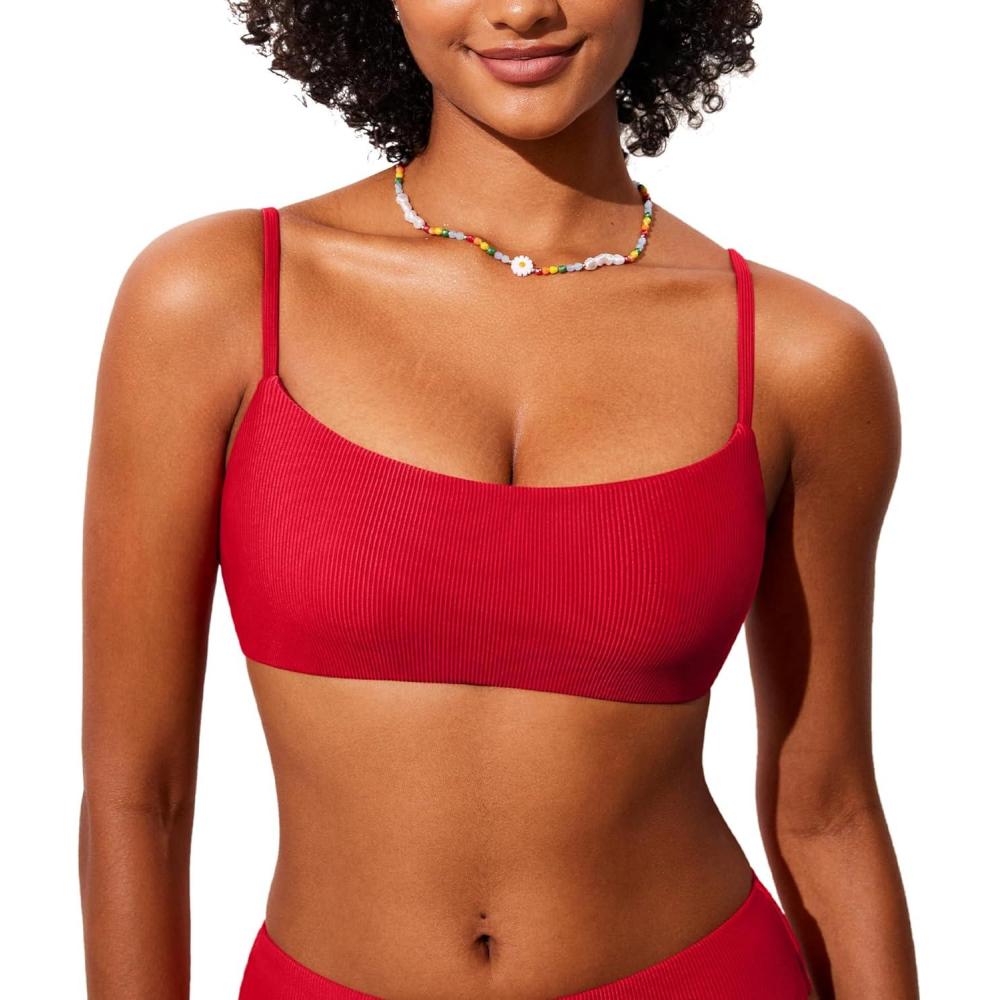 imageDOBREVA Womens Bikini Top Scoop Neck Bathing Suit Tops Ribbed Adjustable Straps Swimsuit Sexy Padded Swim BraLipstick Red