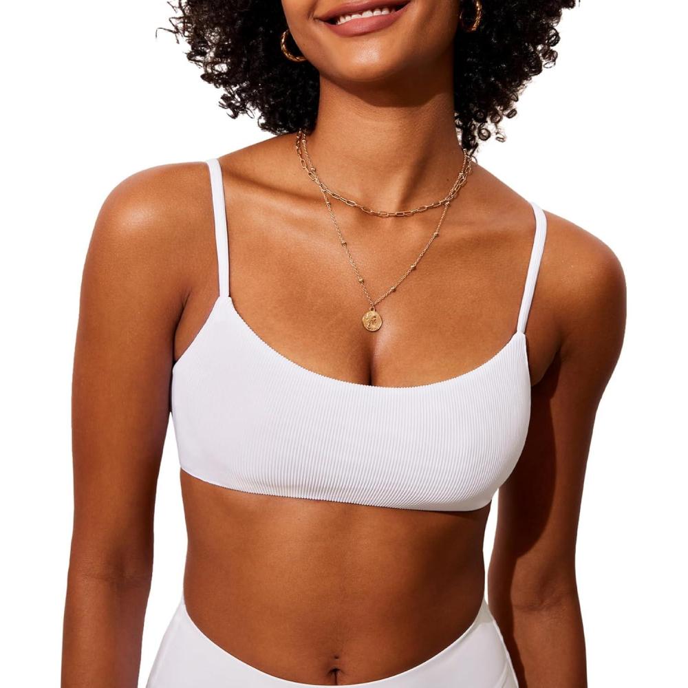imageDOBREVA Womens Bikini Top Scoop Neck Bathing Suit Tops Ribbed Adjustable Straps Swimsuit Sexy Padded Swim BraWhite