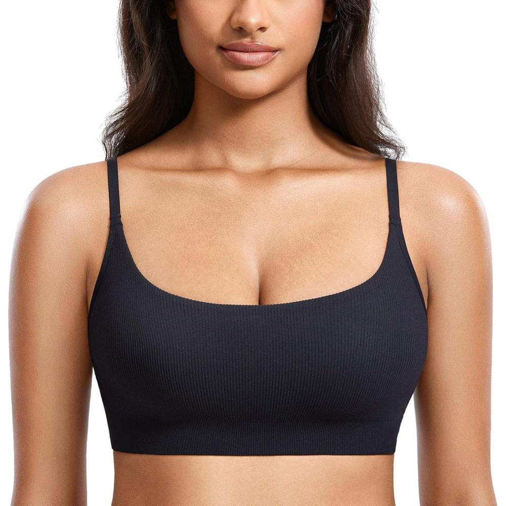 imageDOBREVA Womens Bralettes No Underwire Bras Support Padded Wireless Ribbed Seamless Bra Removable Pads Push Up InsertsBlack