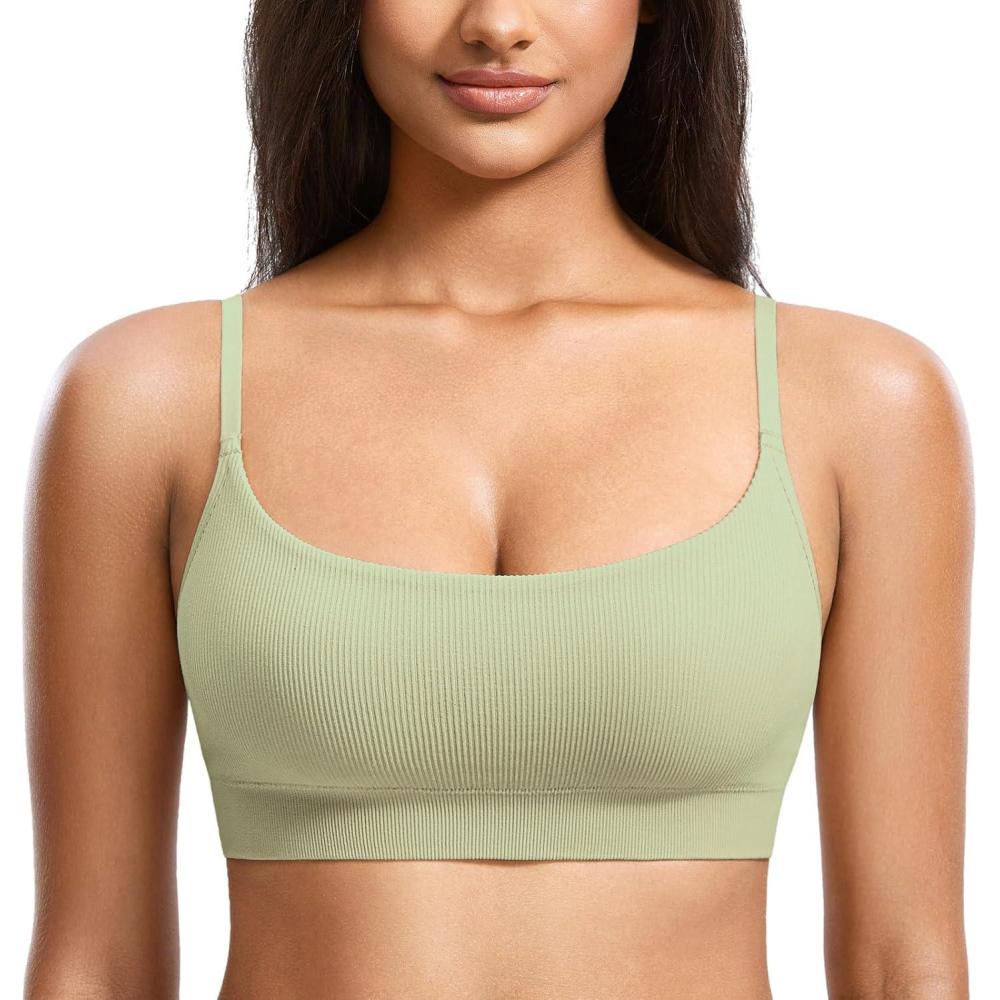 imageDOBREVA Womens Bralettes No Underwire Bras Support Padded Wireless Ribbed Seamless Bra Removable Pads Push Up InsertsMint Latte