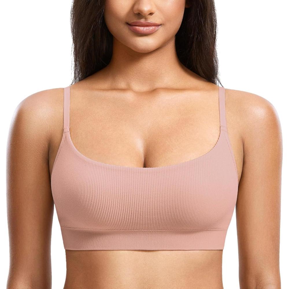 imageDOBREVA Womens Bralettes No Underwire Bras Support Padded Wireless Ribbed Seamless Bra Removable Pads Push Up InsertsPeachy Pink
