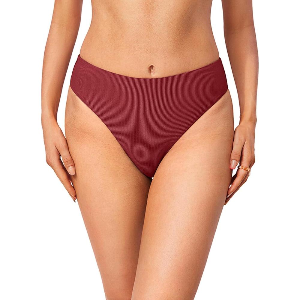 imageDOBREVA Womens High Waisted Bikini Bottoms High Cut Swimsuit Ribbed Bathing Suit Bottom Swim BriefsCerise
