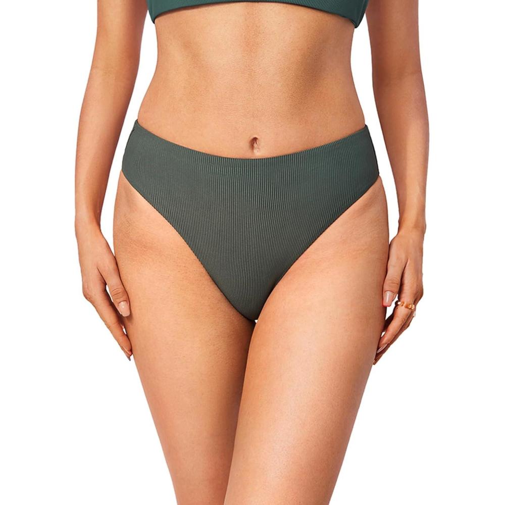 imageDOBREVA Womens High Waisted Bikini Bottoms High Cut Swimsuit Ribbed Bathing Suit Bottom Swim BriefsSycamore Green
