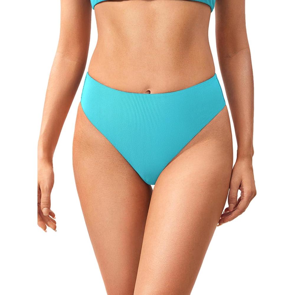 imageDOBREVA Womens High Waisted Bikini Bottoms High Cut Swimsuit Ribbed Bathing Suit Bottom Swim BriefsTurquoise