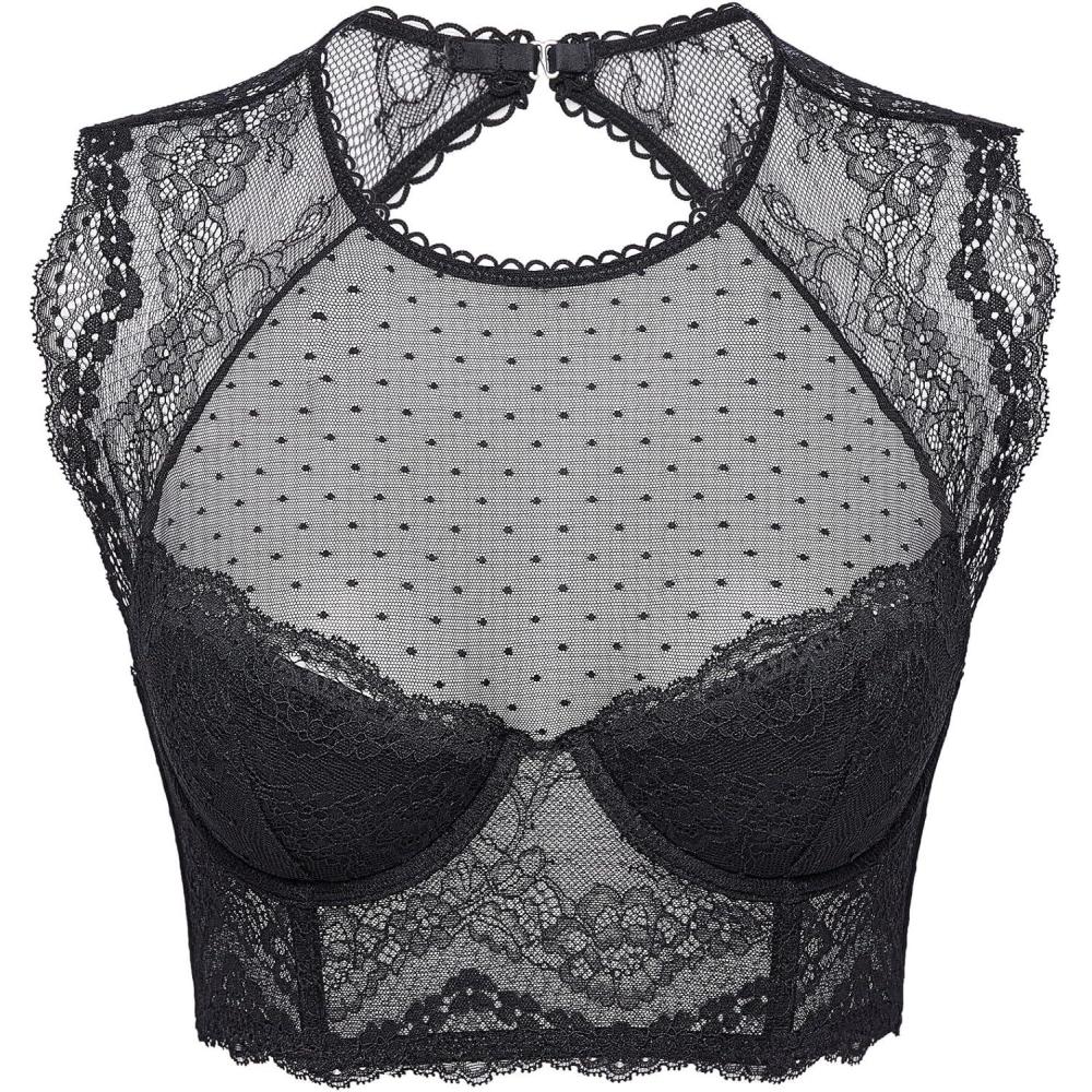 imageDOBREVA Womens Lace Corset Top Sexy Bralette Bustier Bra Underwire Plus Size Crop TopBlack