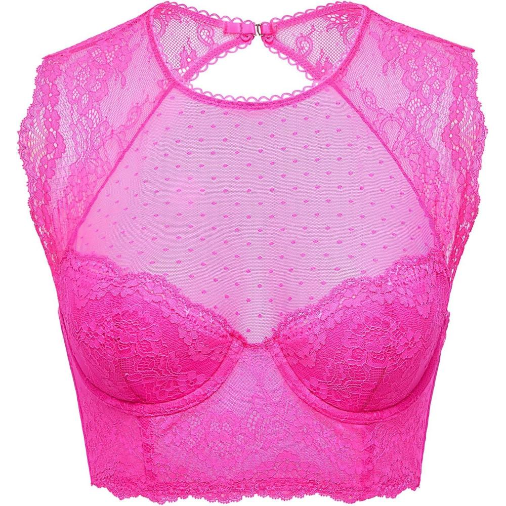 imageDOBREVA Womens Lace Corset Top Sexy Bralette Bustier Bra Underwire Plus Size Crop TopBright Fuchsia