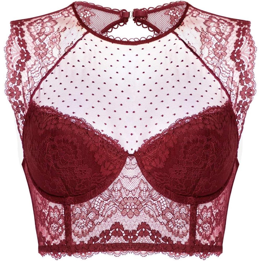 imageDOBREVA Womens Lace Corset Top Sexy Bralette Bustier Bra Underwire Plus Size Crop TopDark Red