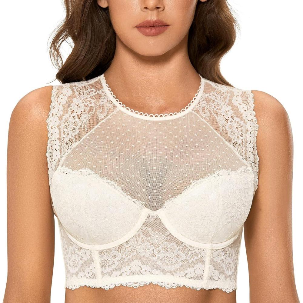 imageDOBREVA Womens Lace Corset Top Sexy Bralette Bustier Bra Underwire Plus Size Crop TopIvory