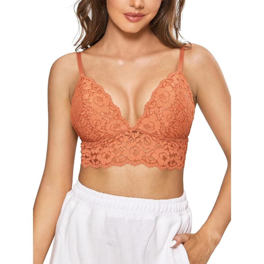 imageDOBREVA Womens Lace Padded Bralette Plunge Wireless Longline Bra for A to D CupsCaramel Red