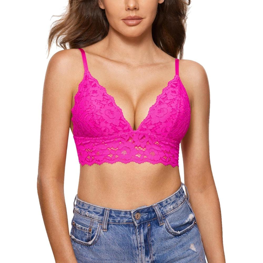 imageDOBREVA Womens Lace Padded Bralette Plunge Wireless Longline Bra for A to D CupsGlitter Pink