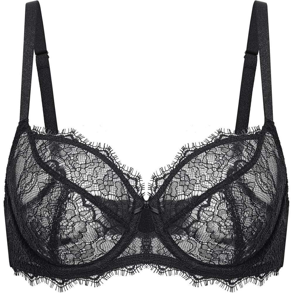 imageDOBREVA Womens Lace Sexy Bra Unlined Balconette Bras Plus Size See Through Minimizer Underwire Full CoverageBlack