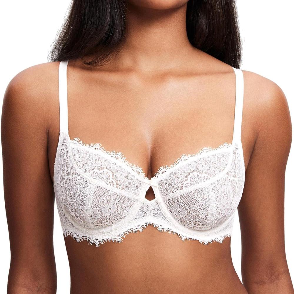 imageDOBREVA Womens Lace Sexy Bra Unlined Balconette Bras Plus Size See Through Minimizer Underwire Full CoverageCoconut White