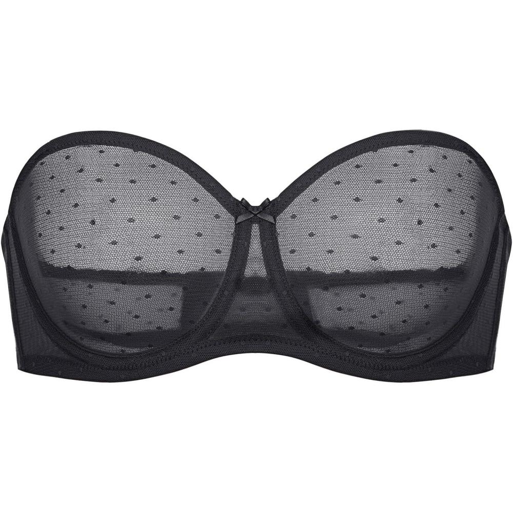 imageDOBREVA Womens Mesh Strapless Bra Sheer Unlined See Through Underwire Bras Plus SizeBlack