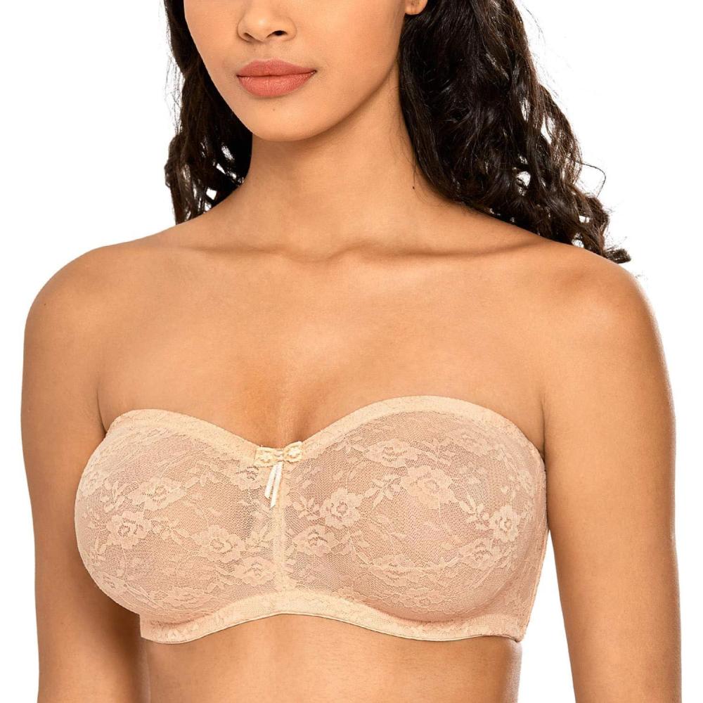 imageDOBREVA Womens No Padding Strapless Lace Bra Underwire Multiway SeeThroughBeige