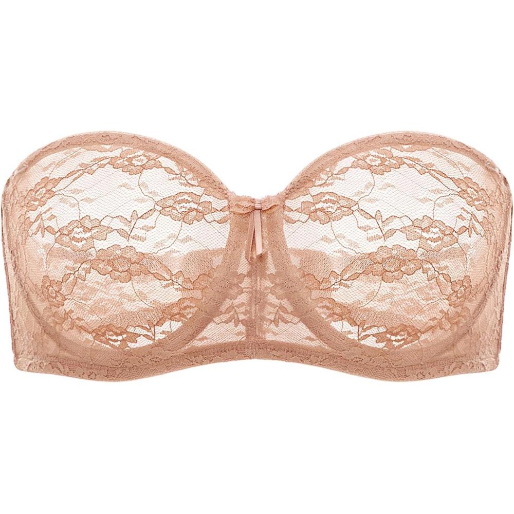 imageDOBREVA Womens No Padding Strapless Lace Bra Underwire Multiway SeeThroughCream Coffee