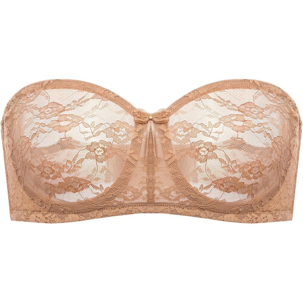 imageDOBREVA Womens No Padding Strapless Lace Bra Underwire Multiway SeeThroughGravel Beige