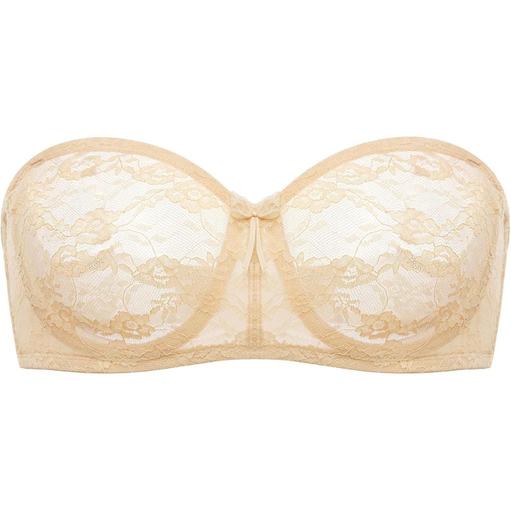 imageDOBREVA Womens No Padding Strapless Lace Bra Underwire Multiway SeeThroughLight Oatmeal