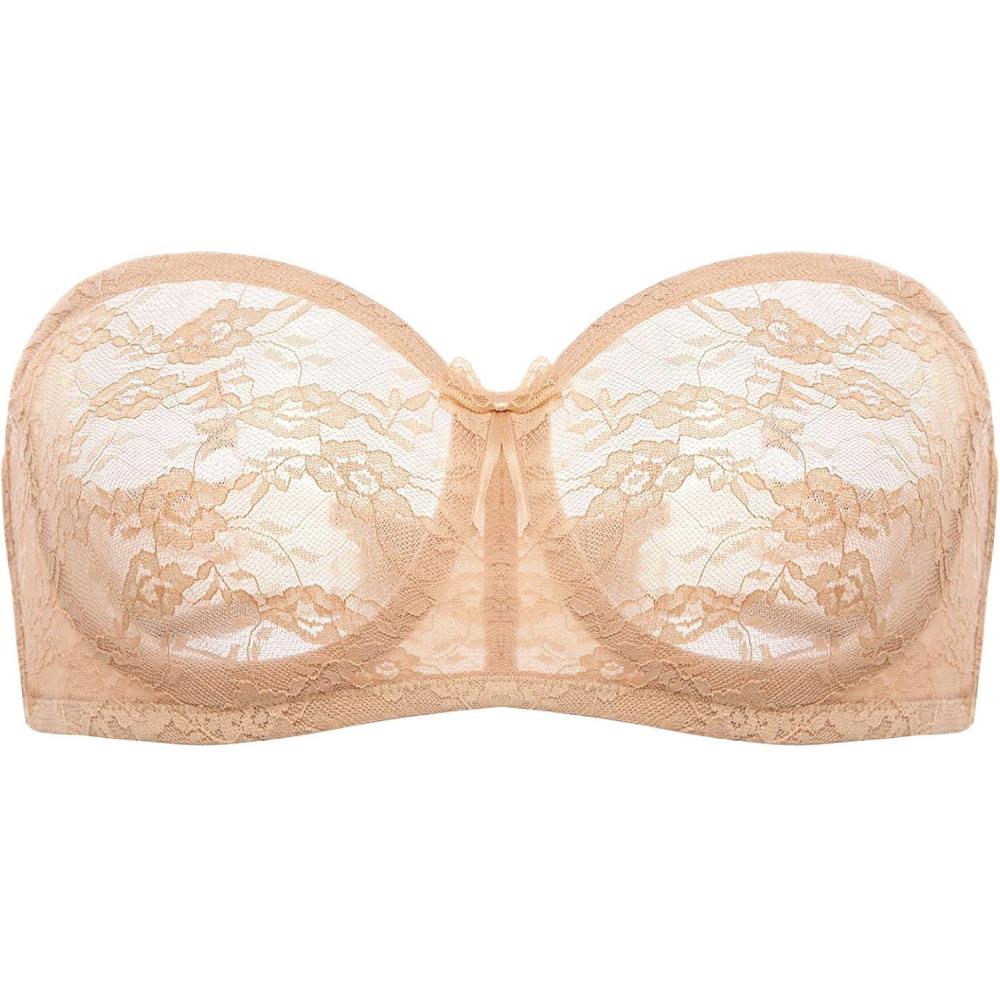 imageDOBREVA Womens No Padding Strapless Lace Bra Underwire Multiway SeeThroughWarm Beige