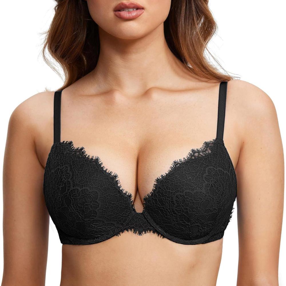 imageDOBREVA Womens Push Up Bra Eyelash Lace Sexy Cleavage Underwire Support Plunge BrasBlack