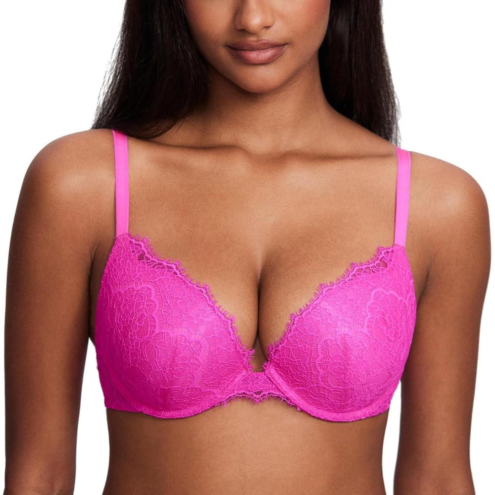 imageDOBREVA Womens Push Up Bra Eyelash Lace Sexy Cleavage Underwire Support Plunge BrasBright Fuchsia